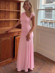 Asymmetric neckline ruched maxi dress in pink
