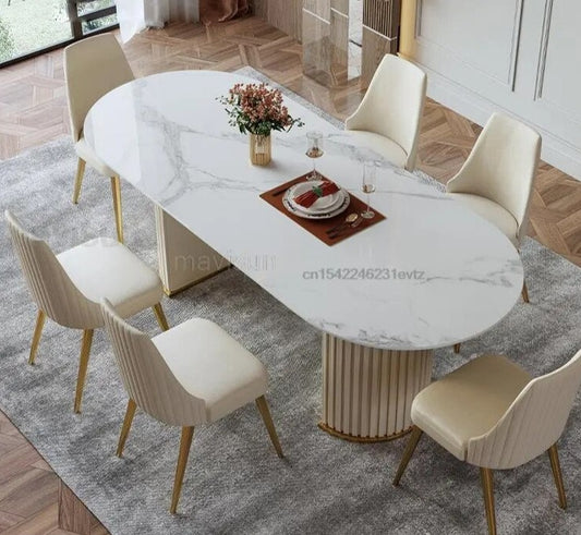 Oval Golden Stand Glossy Rock Board Ivory Kitchen Table And Chairs