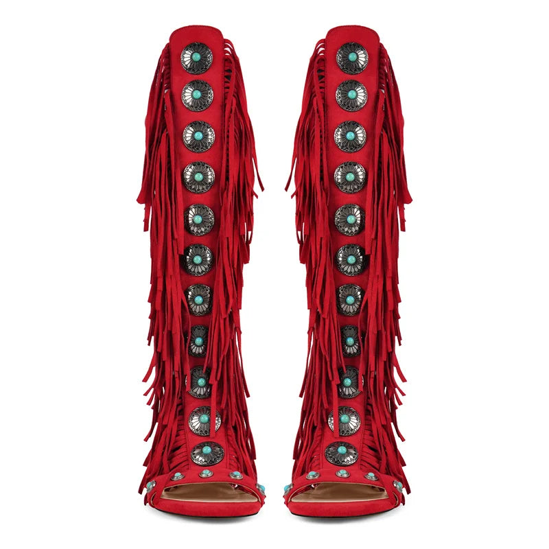 Red fringed gladiator sandals with coin embellishments