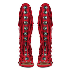 Red fringed gladiator sandals with coin embellishments
