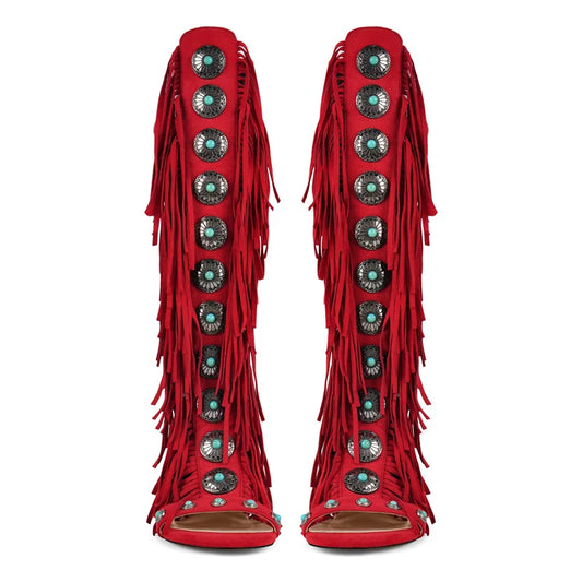 Red embellished lace-up fringe gladiator sandal with turquoise and silver accents