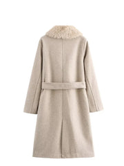 Faux Fur Collar Full Sleeves Belted Long Coat