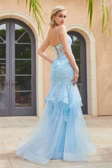 Blue Dresses Glitter Embroidered Mermaid Corset Prom Dresses