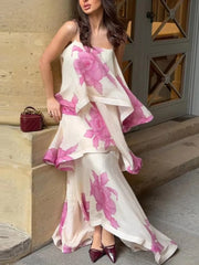 Floral print layered midi dress with spaghetti straps