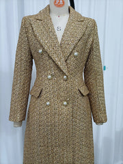 Gold Pearl Button Tweed Double Breasted Long Coat