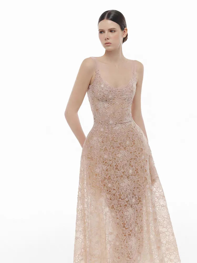 Embroidered Lace Sleeveless Midi Dress - Front View