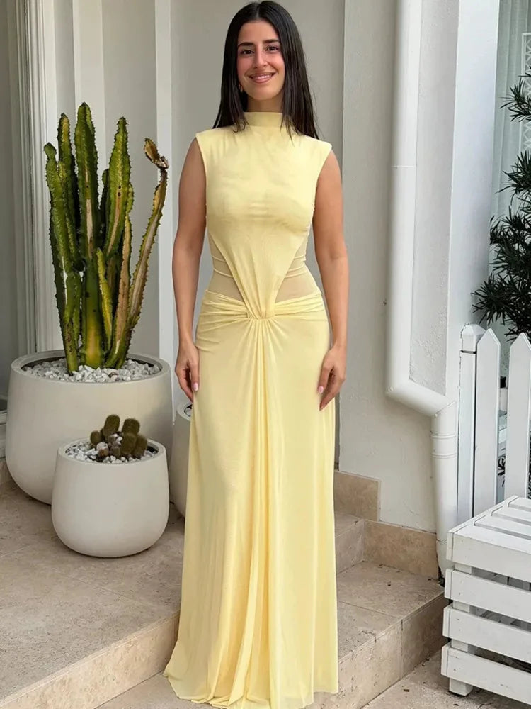 Mock neck draped maxi dress in pale yellow