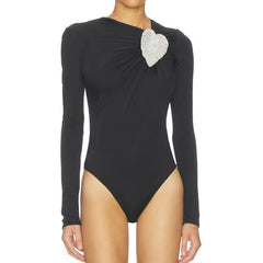 Black asymmetrical long-sleeve bodysuit with heart rhinestone