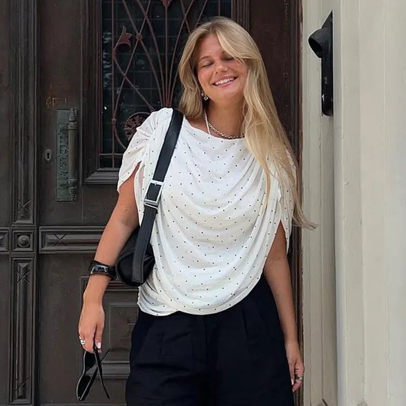 White polka dot mesh ruched top with accessories