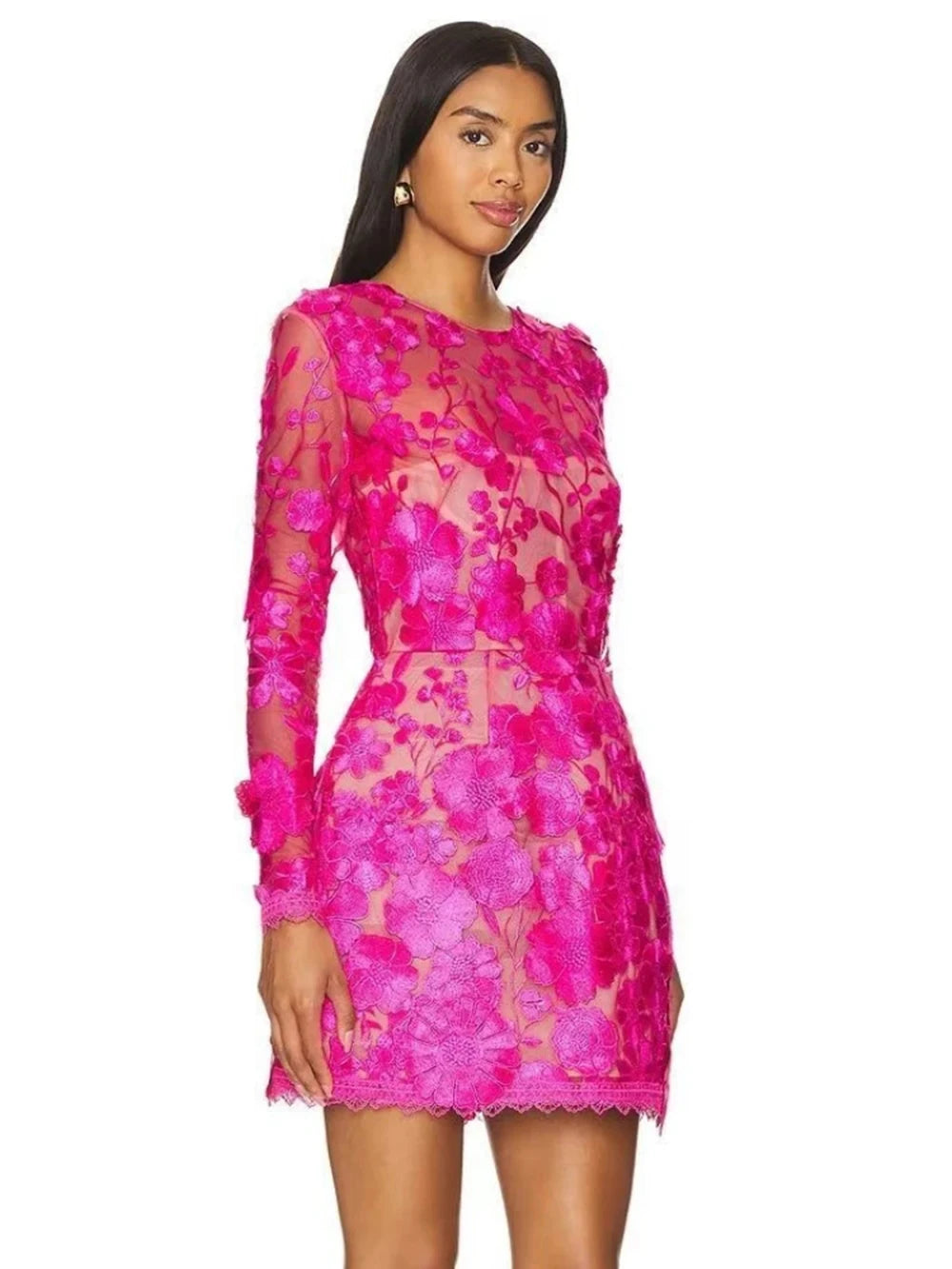Close-up of pink floral embroidery on sheer mini dress