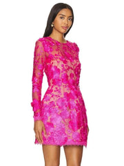 Close-up of pink floral embroidery on sheer mini dress