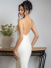 Spaghetti Strap Satin Long Open Back Dress