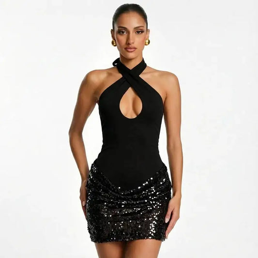 Black cross neck ruched sequin mini dress