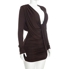 Draped Deep Neck Long Sleeve Mini Dress