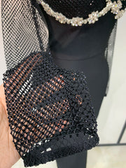 Turtleneck Beaded Mesh Sleeve Bandage Maxi Dress