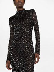Black Crystal Embellished Turtleneck Midi Dress