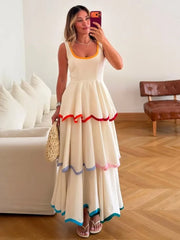 Tiered Contrast Seam Ruffle Trim Sleeveless Maxi Dress