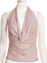 Striped Halter Neck Drape Front Top