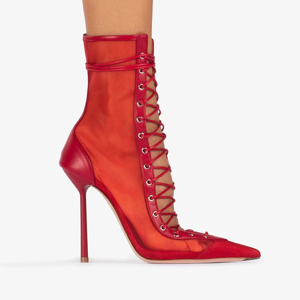 Red mesh and leather lace-up ankle boots with stiletto heel