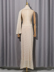 Sheer Knit Draped Scarf Neck Detail Maxi Dress