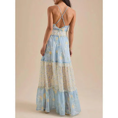Blue Tiered Maxi Dress with Ruffle Trim