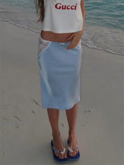 Blue Satin Lace Trim Crop Top and Midi Skirt Set
