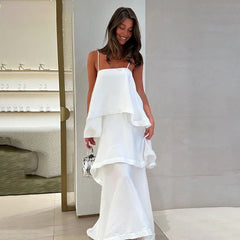 Elegant solid patchwork spaghetti strap maxi dress.