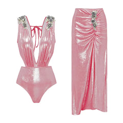 V-Neck Ruched Cut-Out Halter One-Piece Swimsuit and Maxi Skirt Set