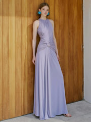 Draped Neck Maxi Dress against wooden door
