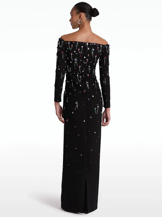 Beaded Slash Neck Maxi Dress worn from the back
