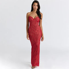 Floor-length lace dress with open-back detail