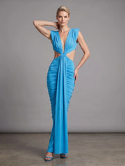Draped Deep Neck Cut Out Folds Long Dress