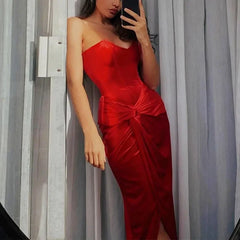 Backless Red Dress Strapless Sleeveless with Slit