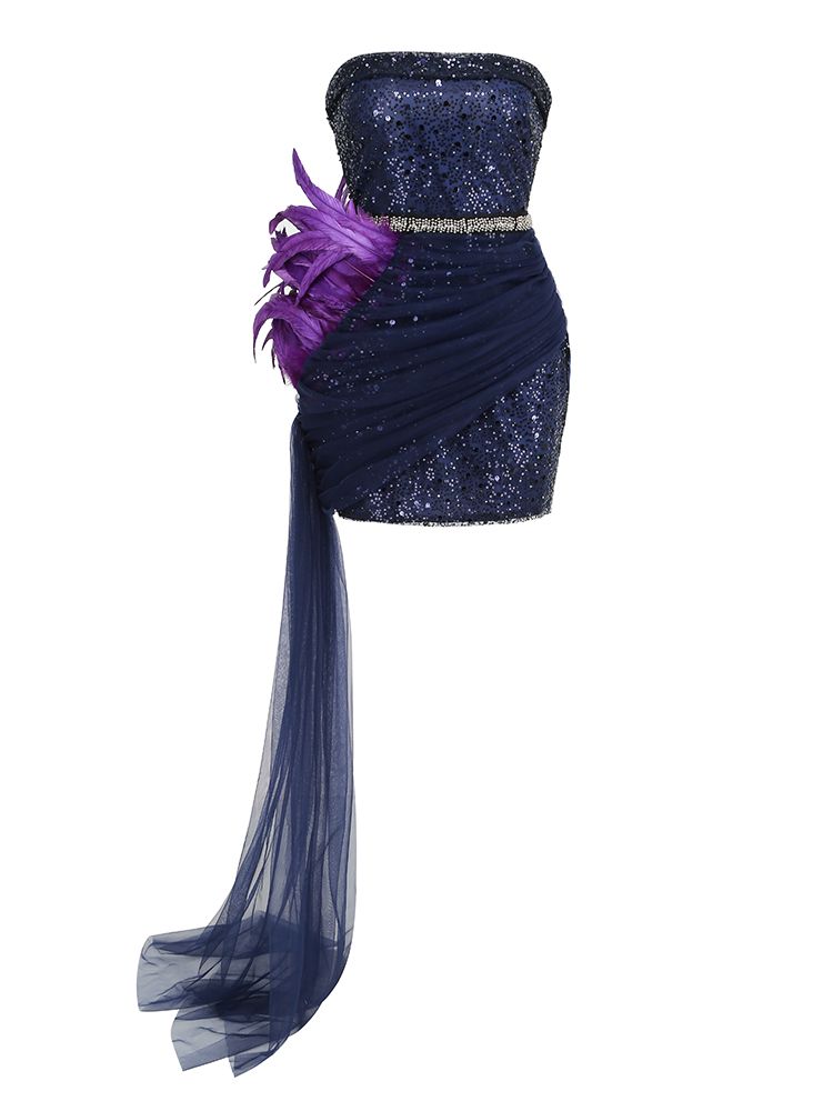 Women's Purple Strapless Sequins Feather Diamond Mini Dress 