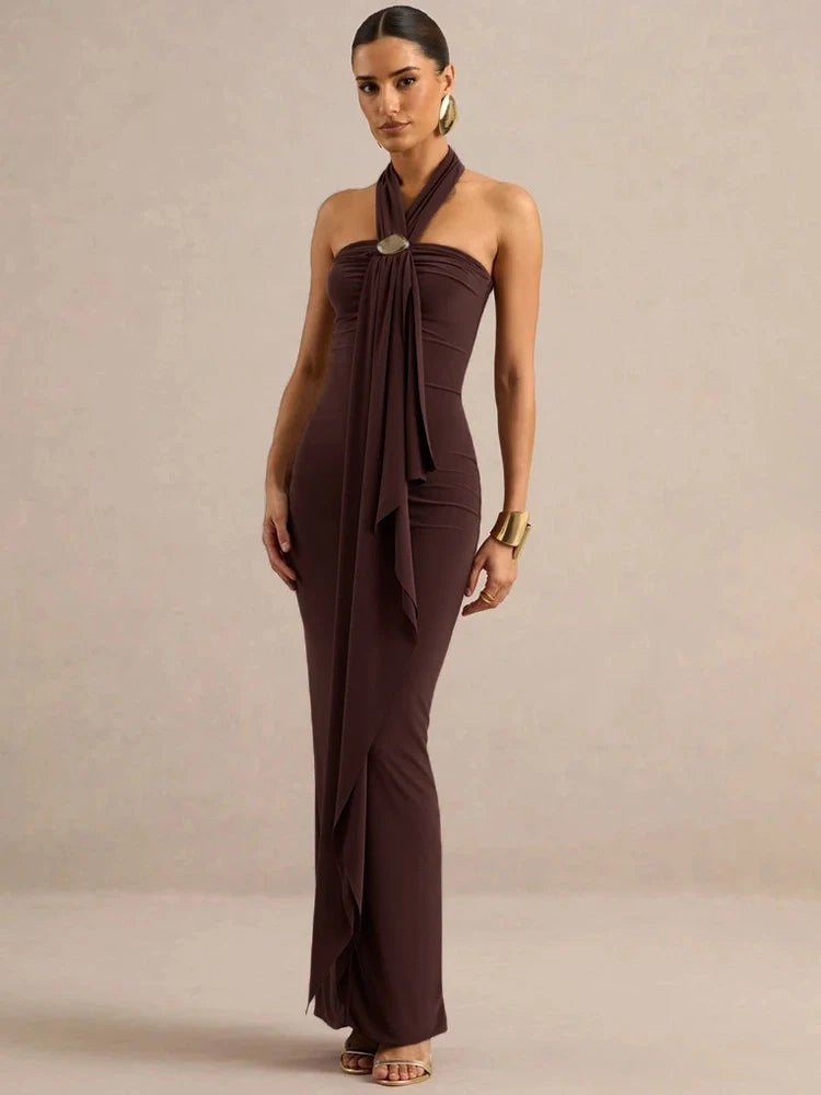 Draped halter maxi dress with metal buckle accent