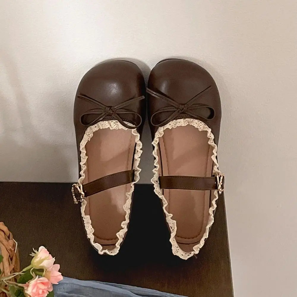 Brown lace ruffled bow Mary Jane flats