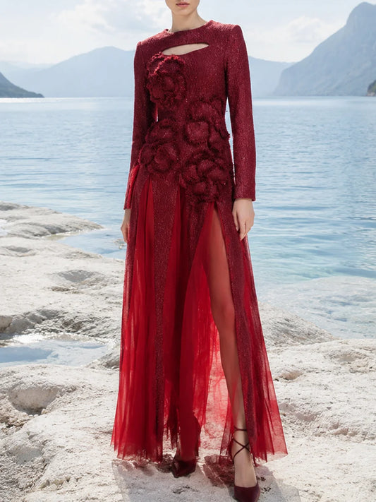 Red sequin maxi dress with 3D floral embellishments and long sleeves
