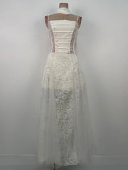 White Satin Lace Patchwork Slit Maxi Dress