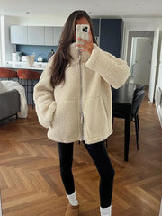 White Zipper Faux Fur Lapels Jacket