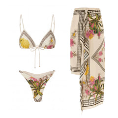 Printed Halter Swimwear with Sarong Skirt Beach Cover-up Set