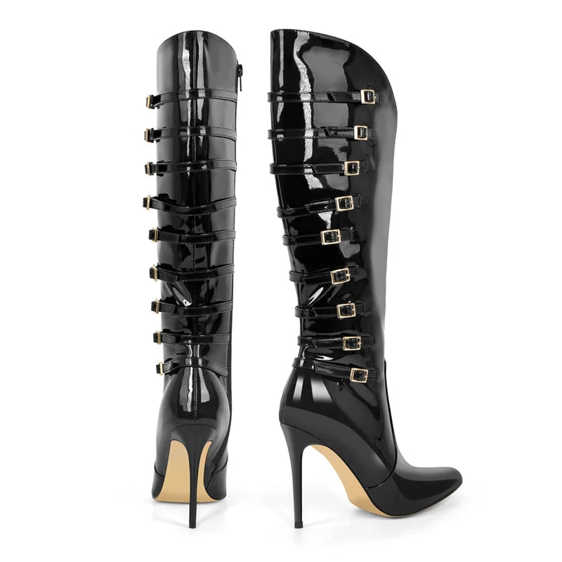 Pointed toe stiletto buckle boots