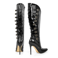 Pointed toe stiletto buckle boots