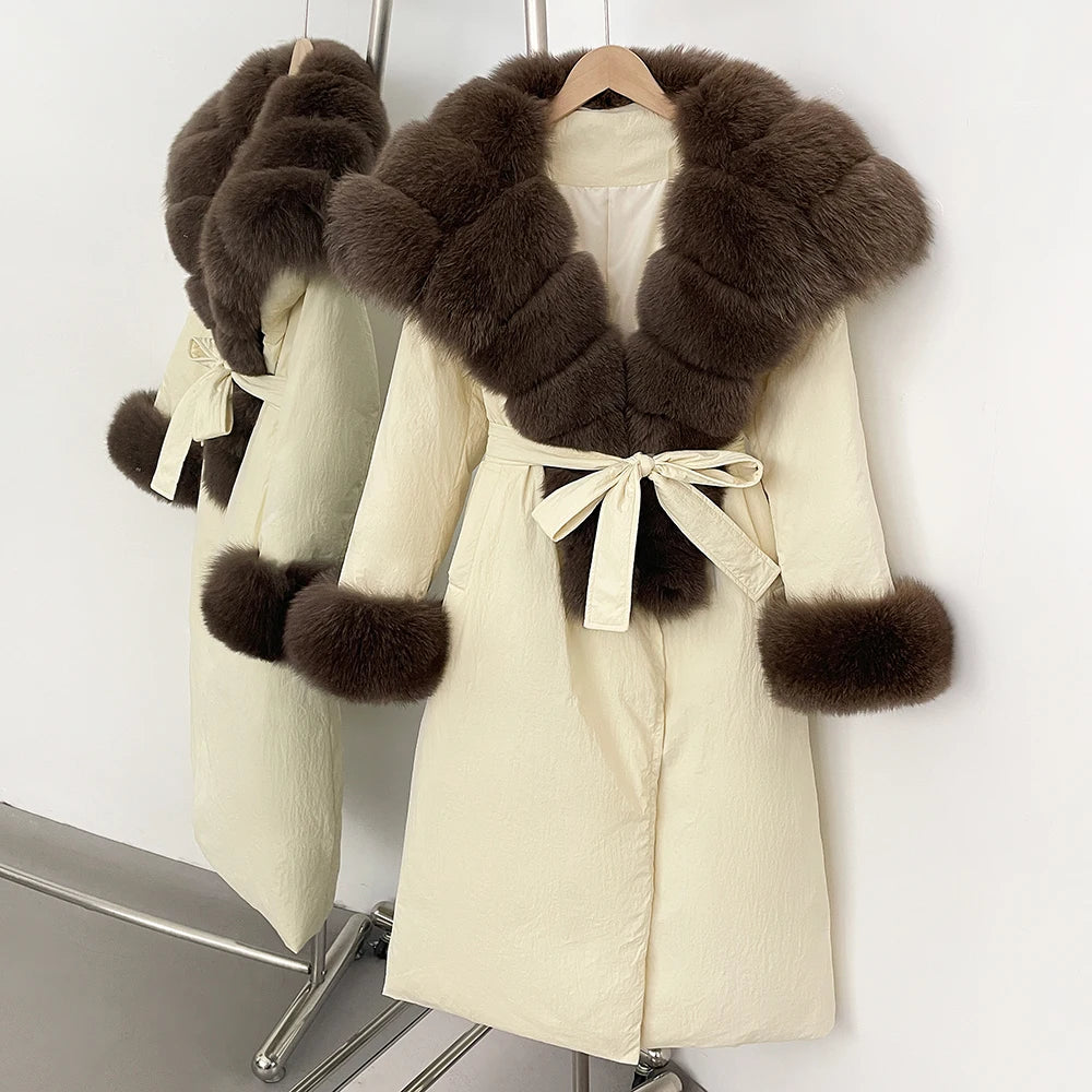 Beige coat with brown fur trim