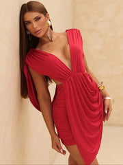 Red deep v-neck draped mini dress