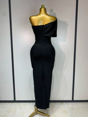 One Shoulder Diagonal Collar Beaded Long Dress