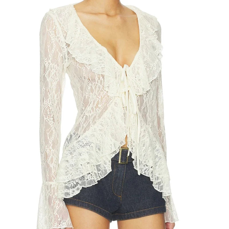 Lace ruffle tie front top, side view