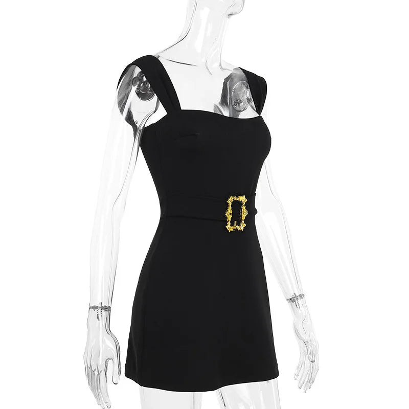 Black square neck belted mini dress on mannequin