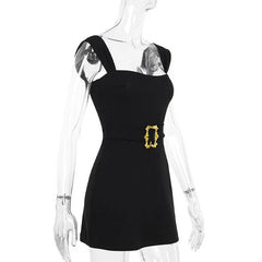 Black square neck belted mini dress on mannequin