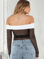 Lace Splice Low Neck Off The Shoulders Sheer Top