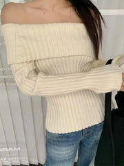 Rib Knitted Off the Shoulder Pullover Full Sleeve Jumper